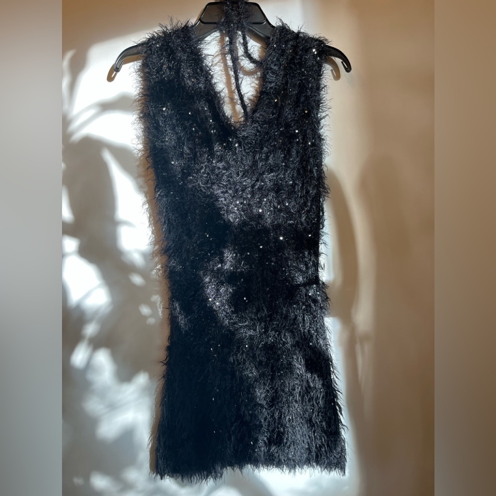 Vintage Forla Paris Design Women’s Fuzzy Sequin Tank Size S Vegan Fur Top Dress - Picture 10 of 12